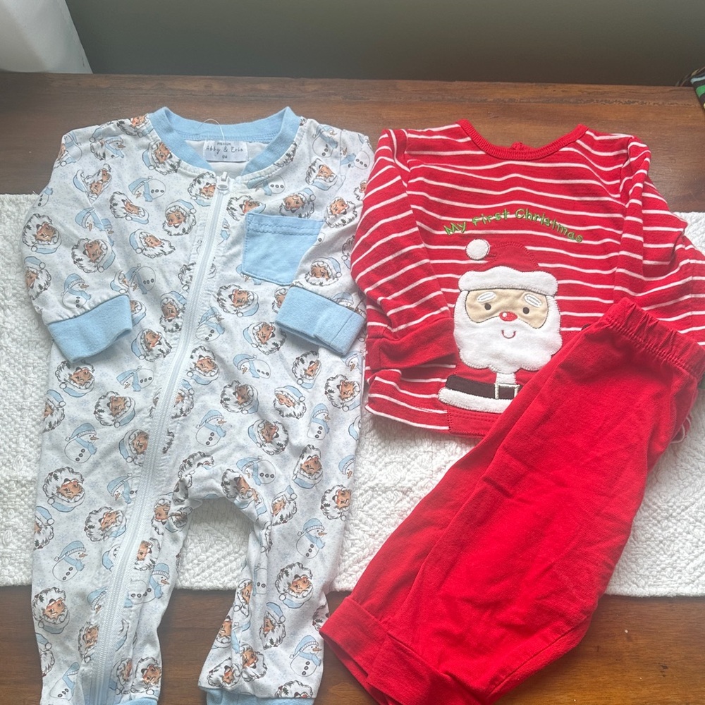 Baby Christmas Christmas Santa Red Pajama Set & Light Blue Snowman One-Piece